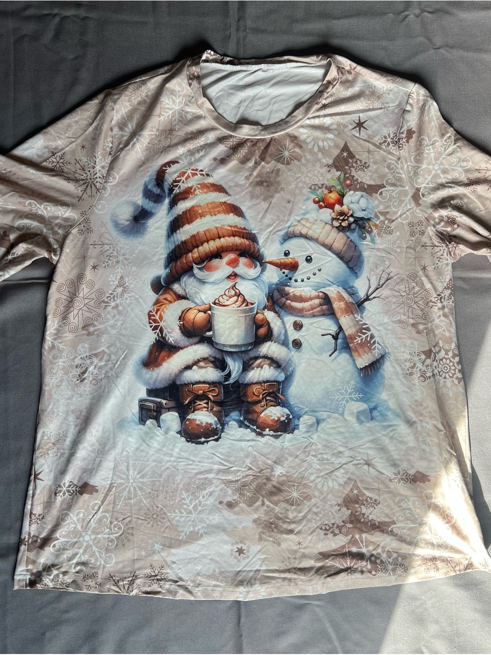 Girls Beige Holiday Snowman & Gnome Short Sleeve Tee
